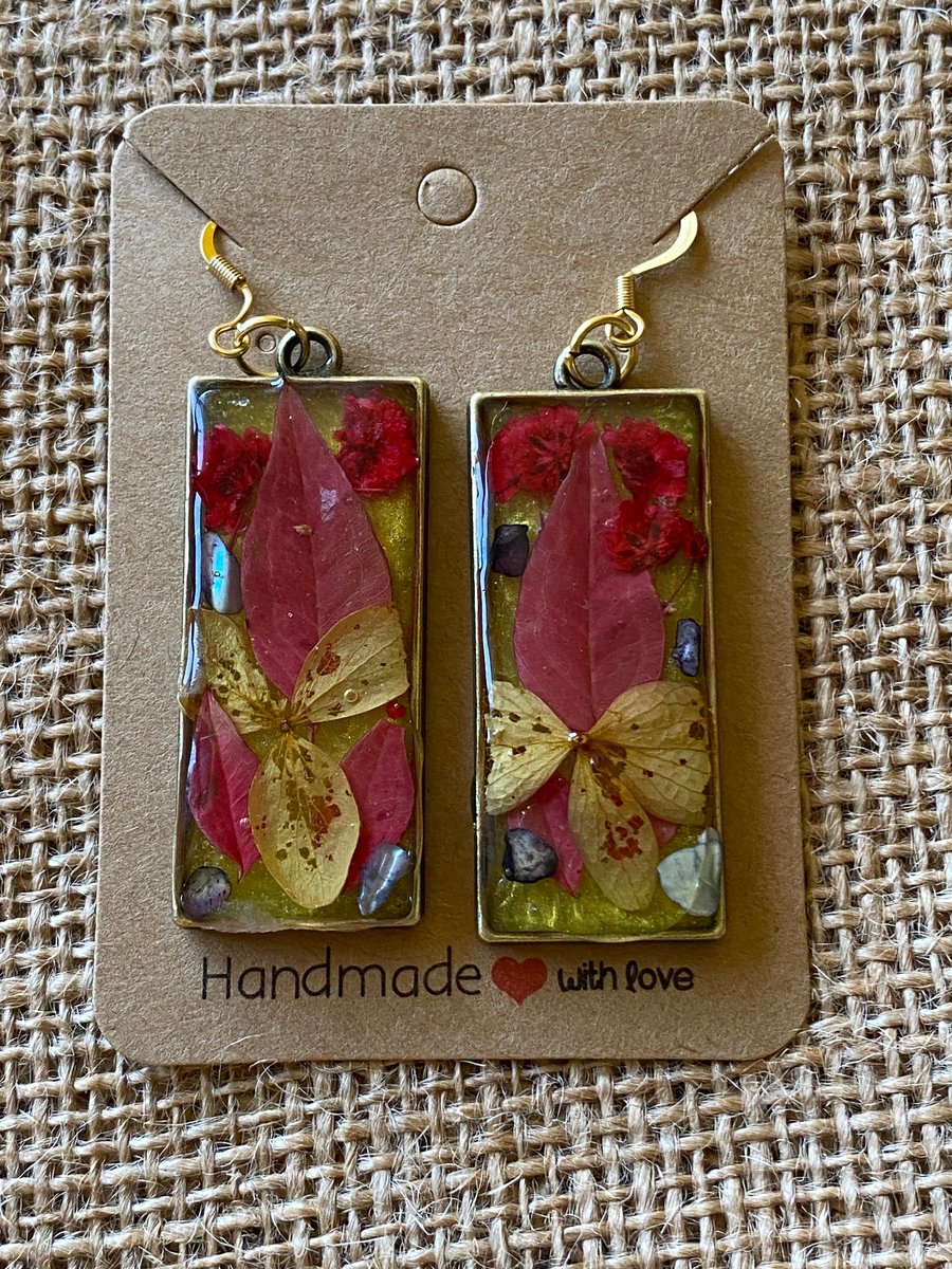 Handmade Rectangular Resin Earrings With Dried Flowers And Abalone Shell