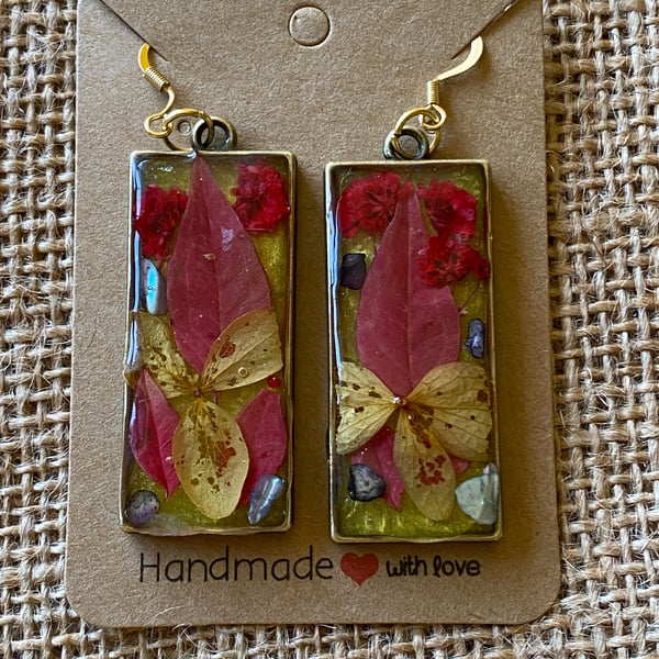 Handmade Rectangular Resin Earrings With Dried Flowers And Abalone Shell