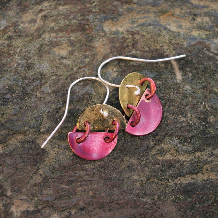 Brass and Red Copper Hinged Semi Circle Earrings 