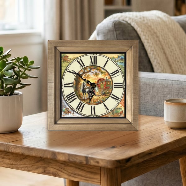 Vintage Style Gypsy Caravan & Horse Square Wooden Wall Clock -Handmade 8x8 