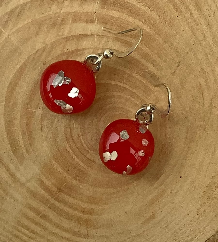 Red and Silver Fused Glass Earrings