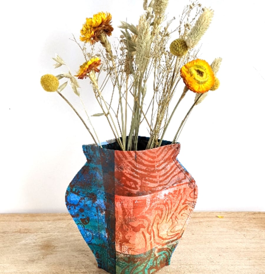 Paper vase cover, turquoise and orange abstract design
