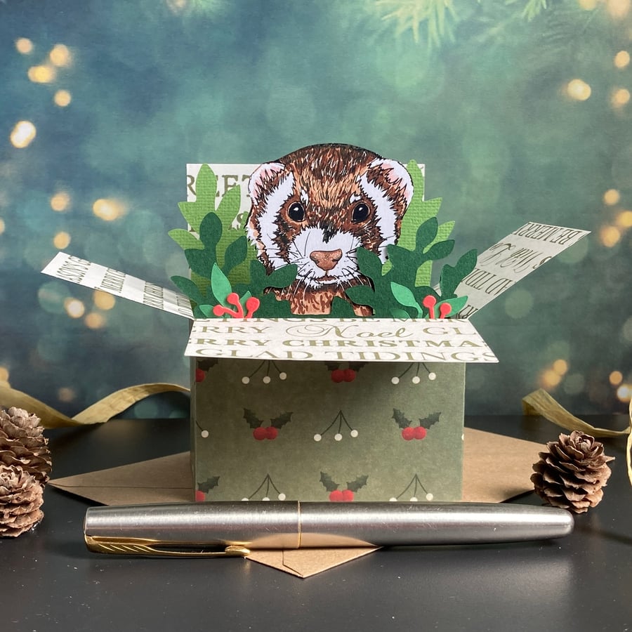 Ferret Christmas Card. 3D box card. Personalised Christmas gift card holder.