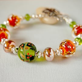 Lampwork Bracelet - Glass Bead Bracelet - Autumn Colours - Sterling Silver