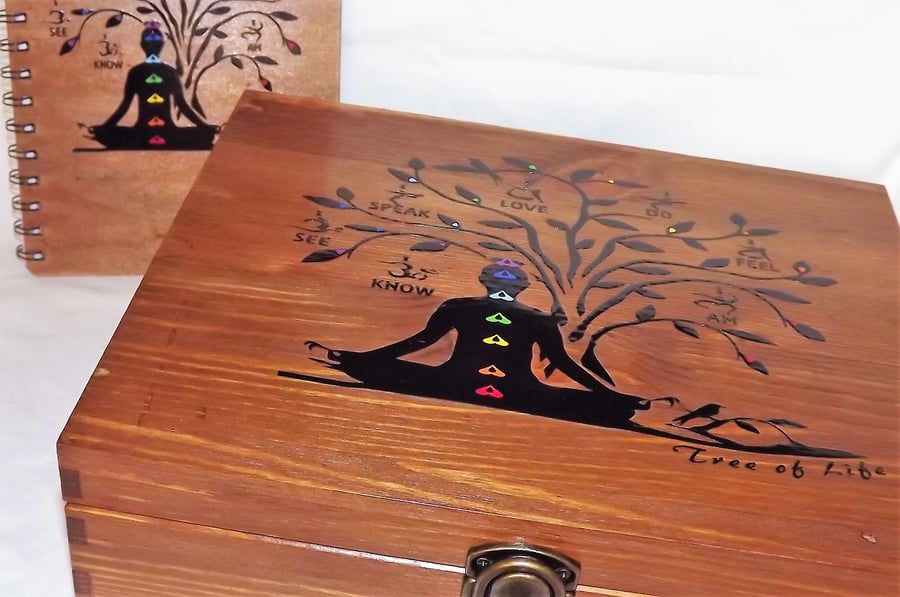 CHAKRA TREE OF LIFE. Large Lockable Box & Matching Wooden Spiritual Journal