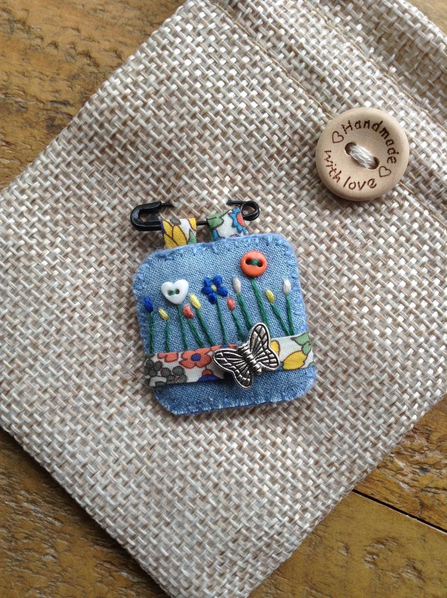 Denim Liberty fabric brooch badge