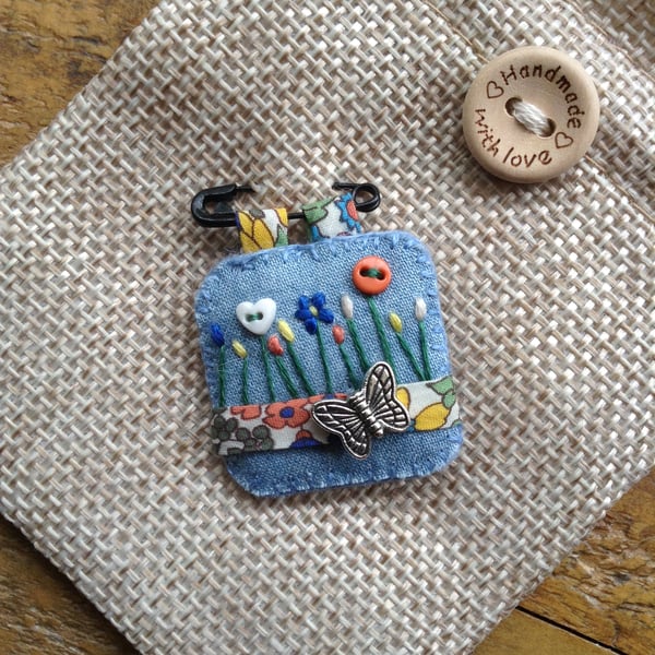 Denim Liberty fabric brooch badge