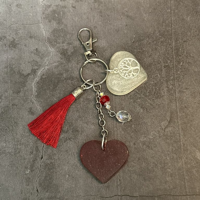 Resin Double Heart Bag Charm or Keyring - Red and White with Crystals