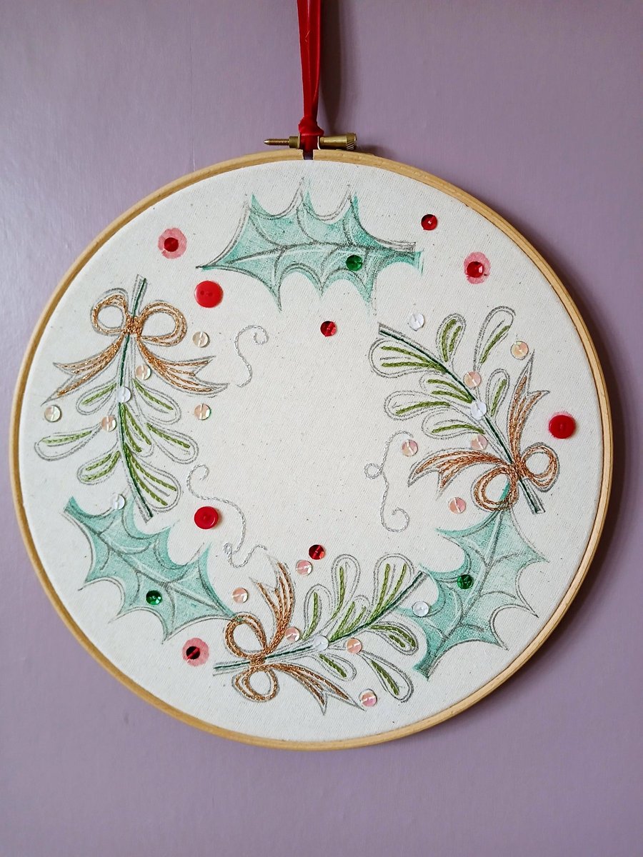 Lino Printed and Hand-Stitched Festive Wreath, Bronze Bows and Silver Swirls