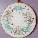 Lino Printed and Hand-Stitched Festive Wreath, Bronze Bows and Silver Swirls