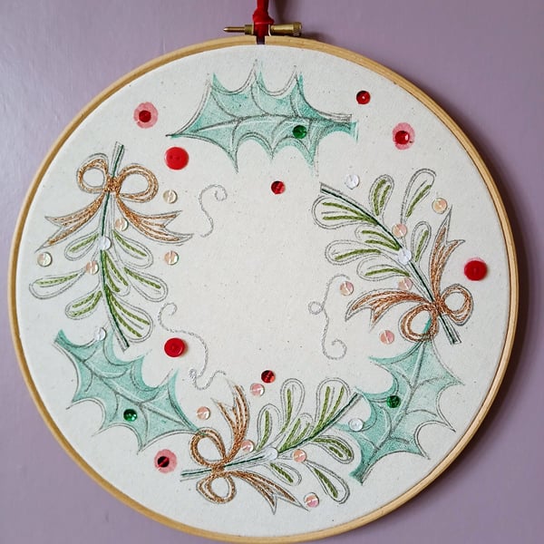 Lino Printed and Hand-Stitched Festive Wreath, Bronze Bows and Silver Swirls