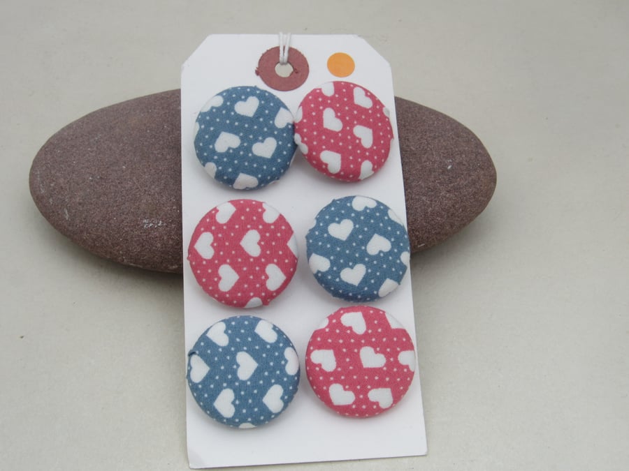 6 Handmade Pink and Blue Heart Fabric Buttons