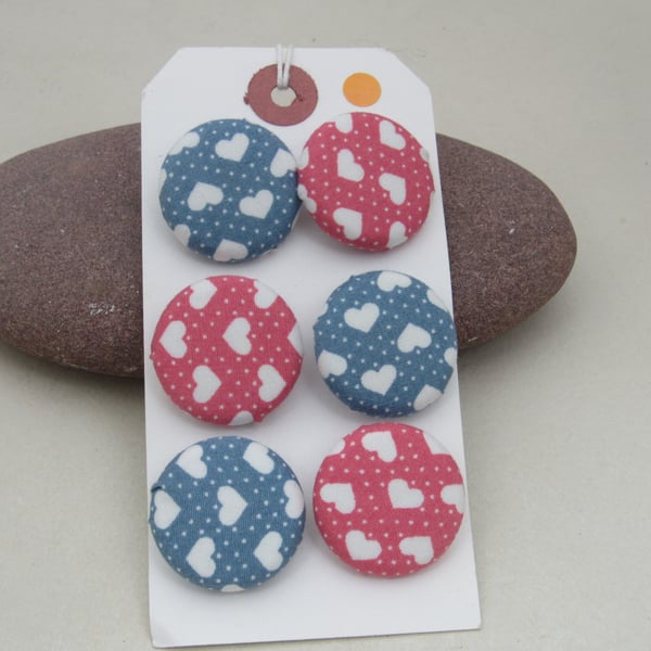6 Handmade Pink and Blue Heart Fabric Buttons