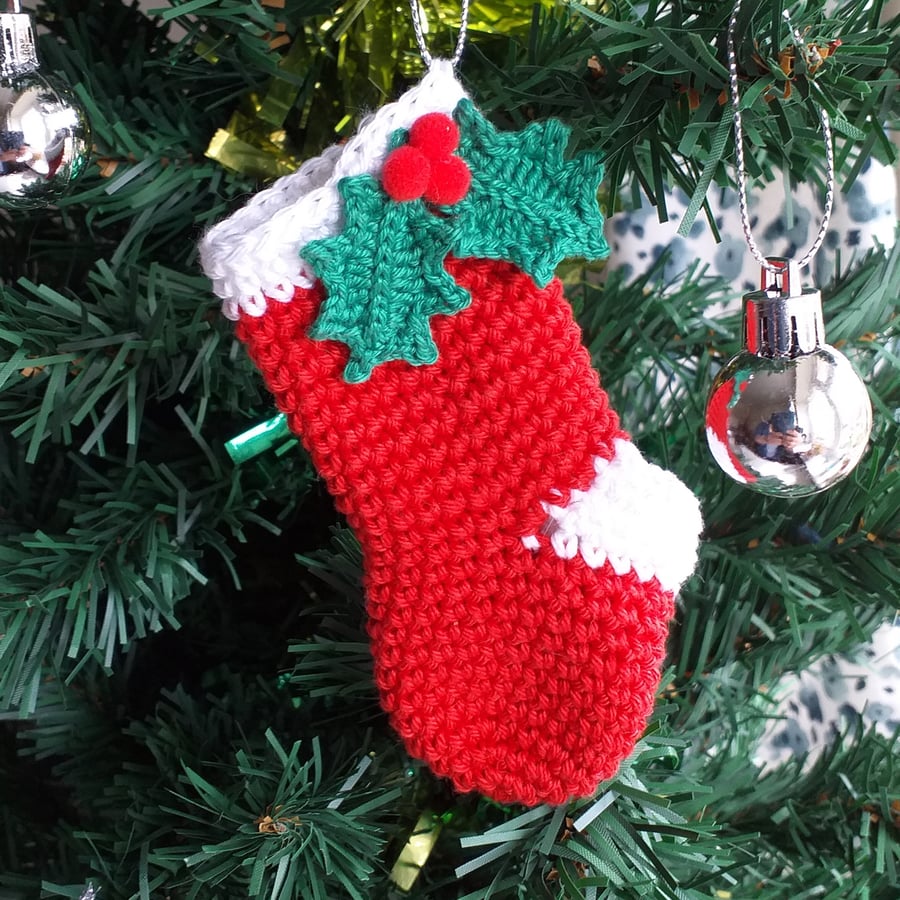Red Crochet Christmas Tree Stocking Ornament, Personalised Mini Stocking 