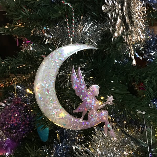 Moon and fairy sparkly hanging decoration