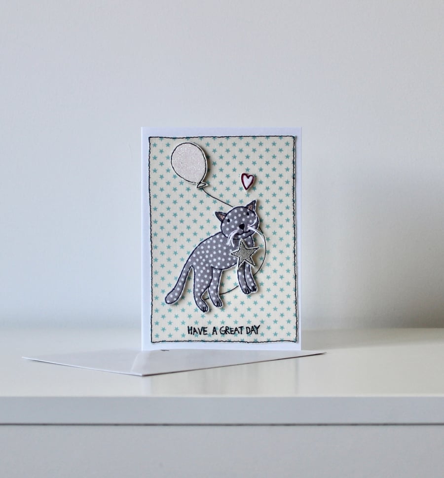 'Have a Great Day Cat with a Balloon' - Handmade Card