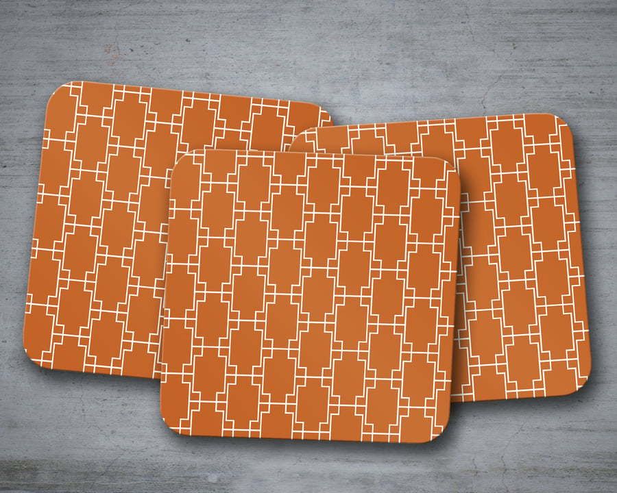 Set of 4 Orange and White Squares Geometric Design Coasters