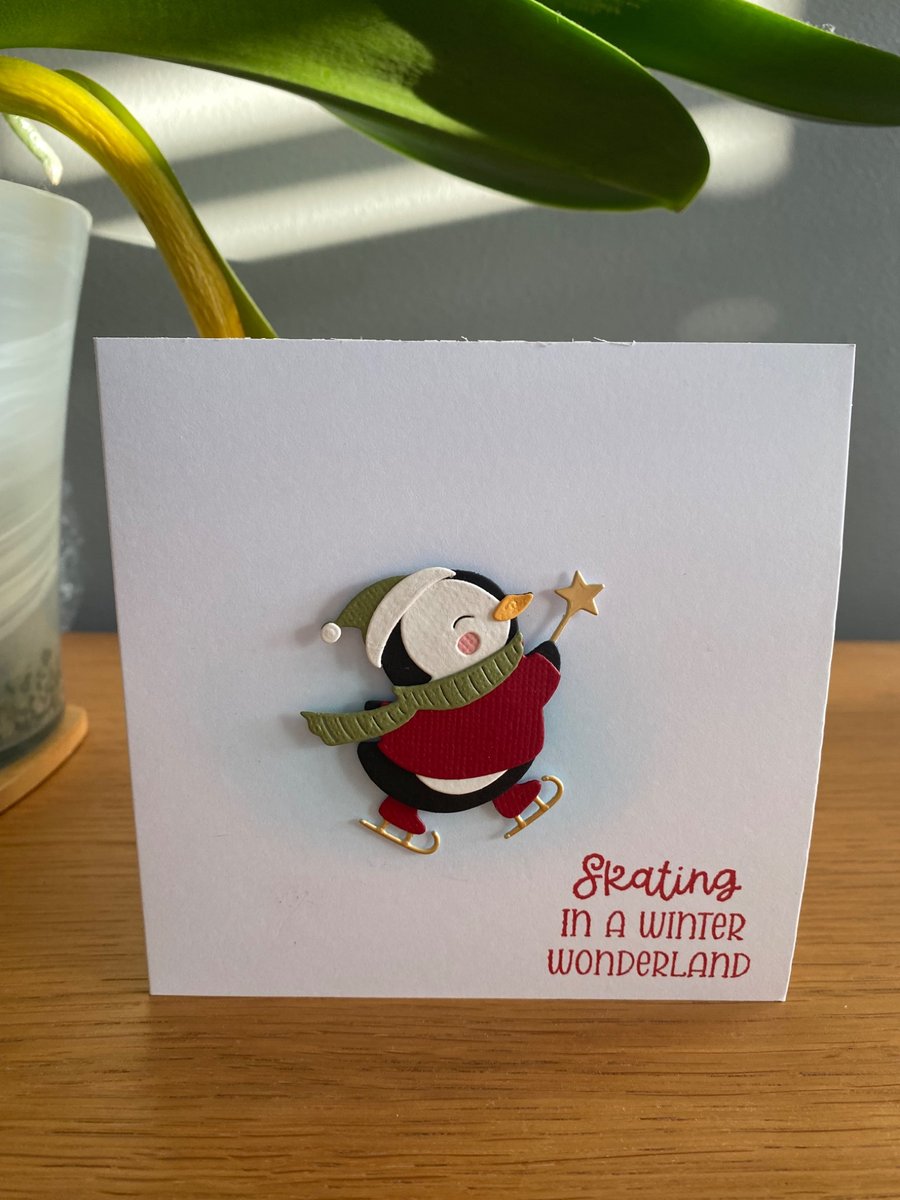 Handmade Skating Penguin Christmas Card – 5"x5"