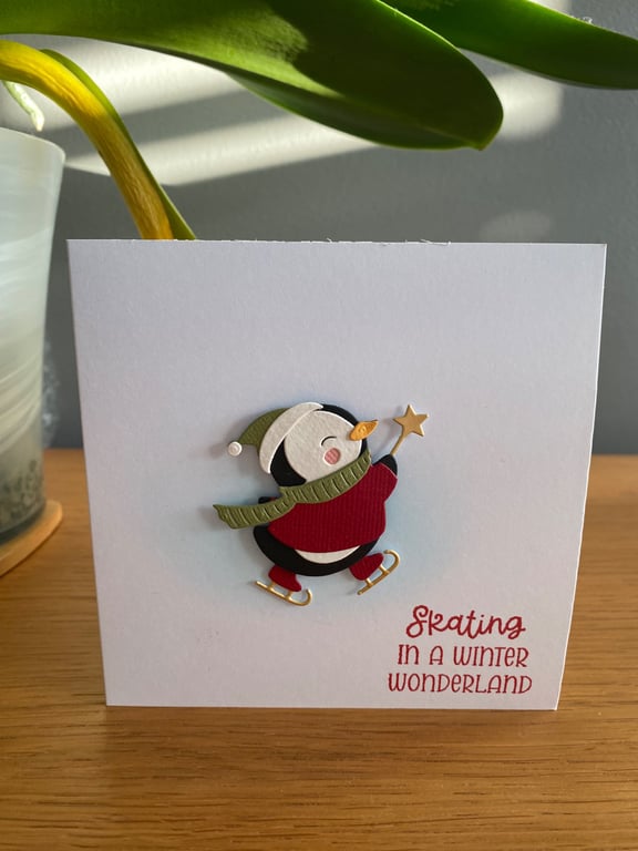Handmade Skating Penguin Christmas Card – 5"x5"