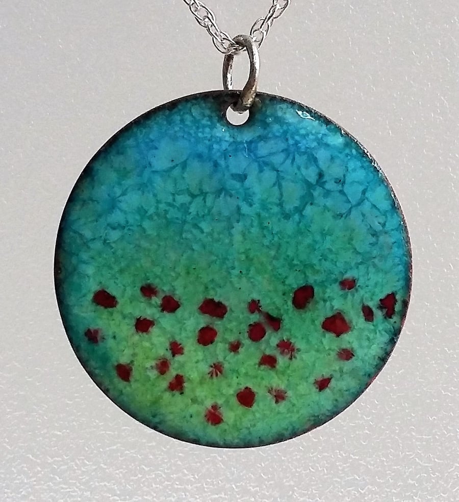 Enamelled copper pendant in blue, green and red 082