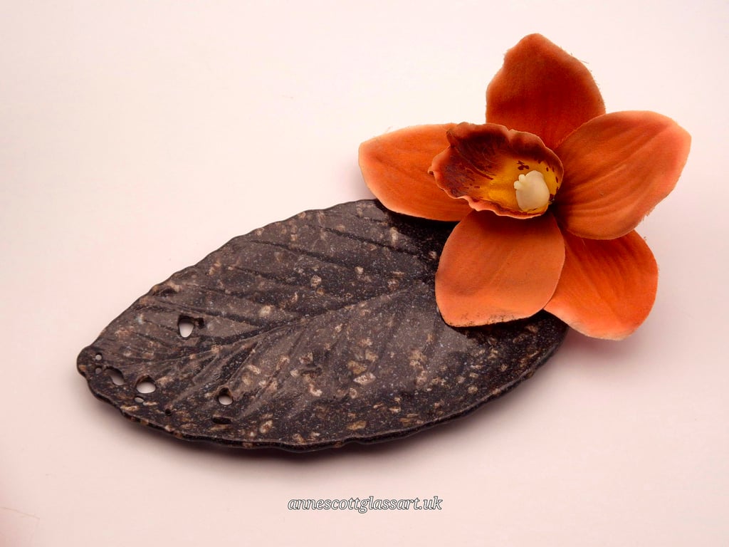 Unique Handmade Fused Glass Rainforest Leaf with Stone Effect