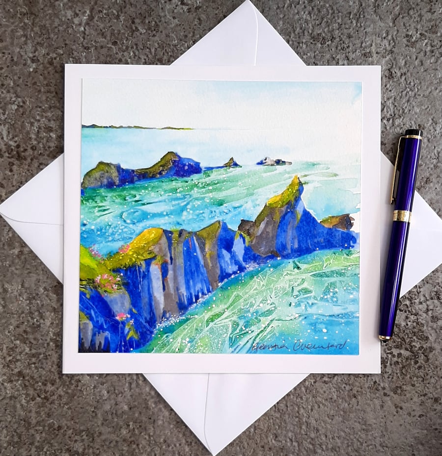 Handpainted Watercolour Blank Gift Card of Cliffs over the Ocean