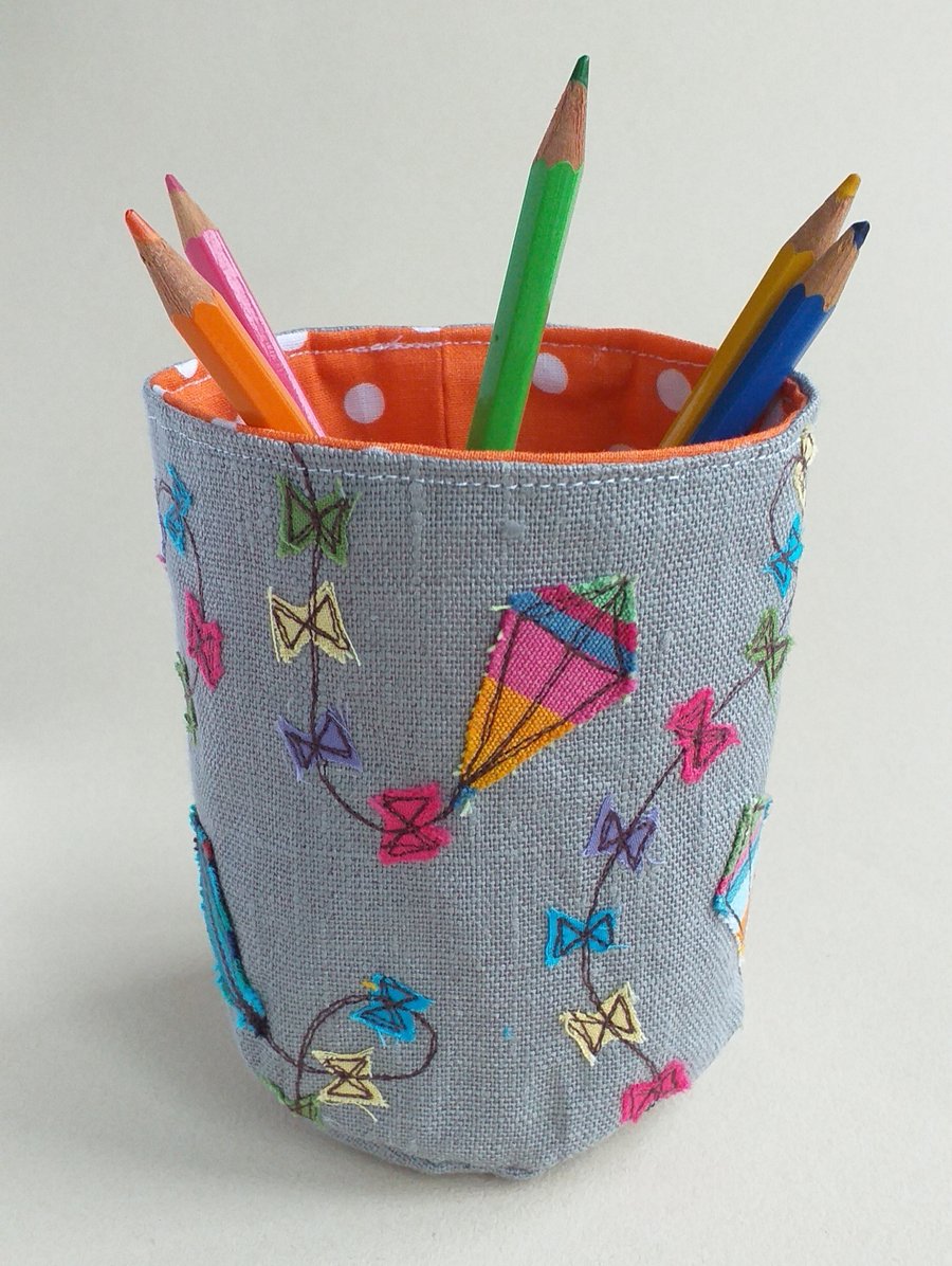 Fabric Pencil Pot with Embroidered Kites