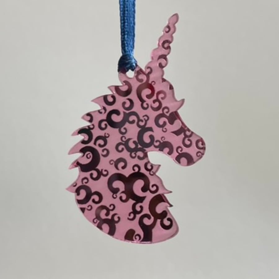 Pink mirrored acrylic unicorn decoration