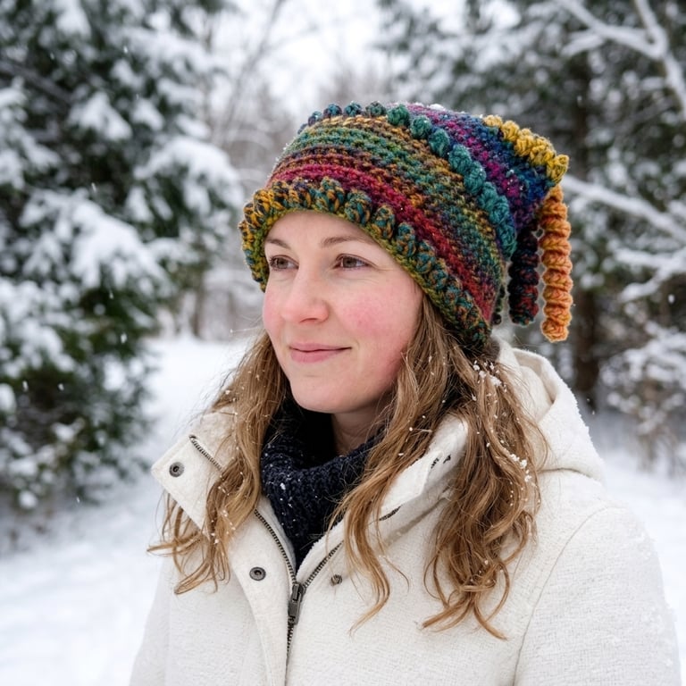 Beanie Hat with tassels in tweedy rainbow yarn.  Quirky Festival Hand Crochet