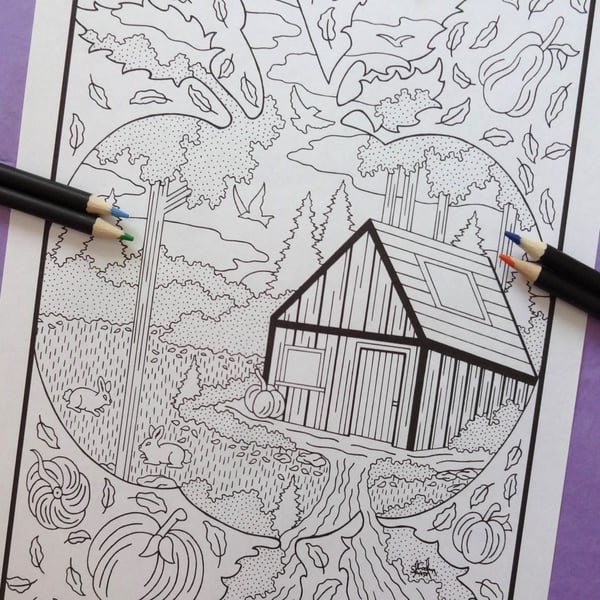 Cabin In Autumn Pumpkin A4 Colouring Page Printable JPG by S Godwin Studio