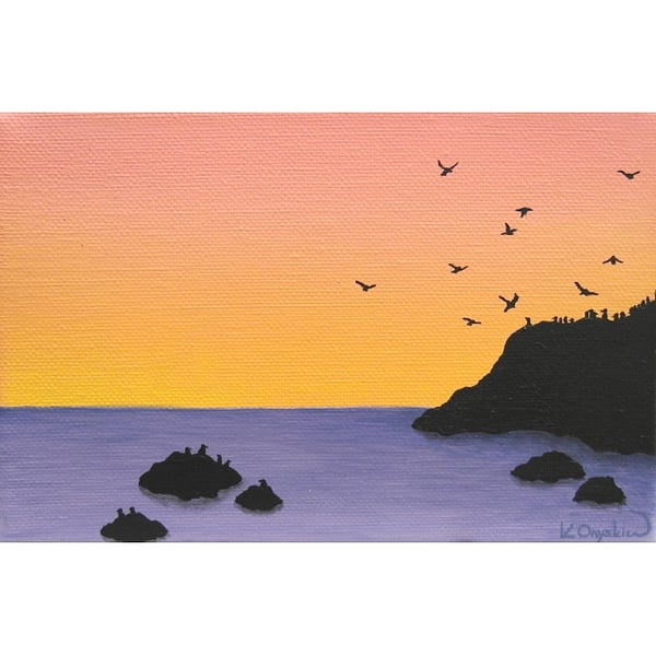 Dawn Seascape Small Acrylic Painting - orange morning sky with sea birds