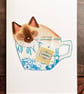 Siamese cat, handmade cat card, card for cat lover, cat in a cup - Image 2