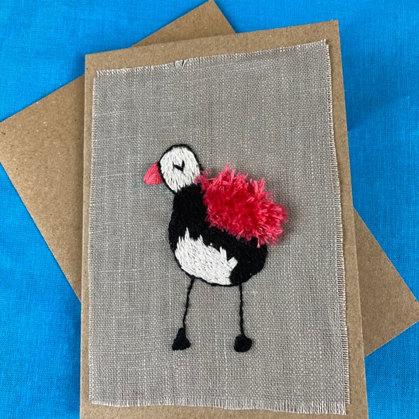 Cute pink hand embroidered bird card