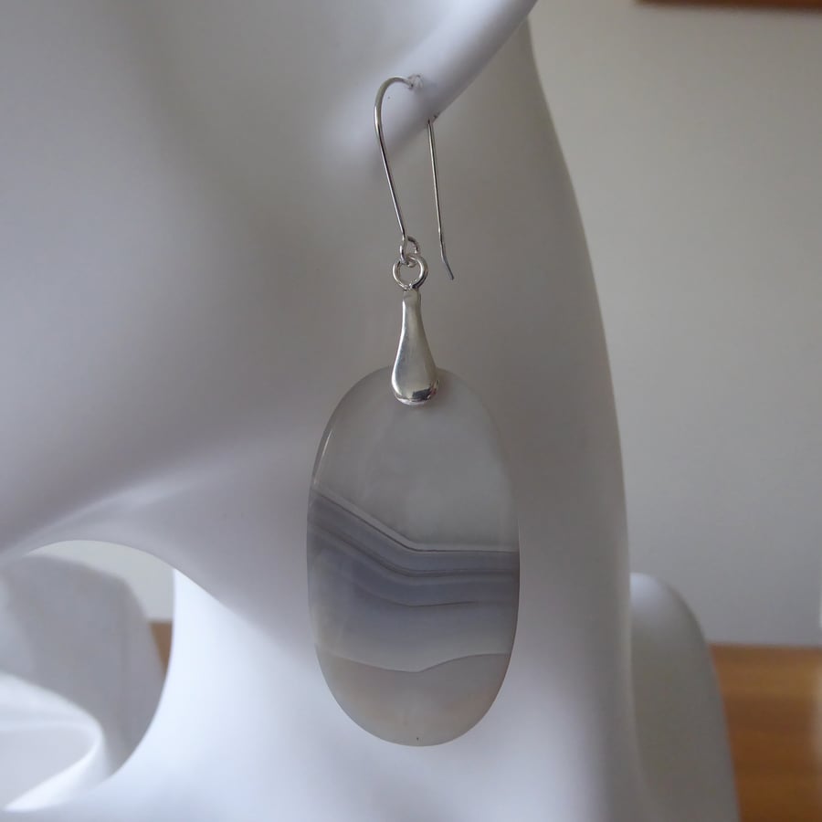 Large Oval Agate and Sterling Silver Earrings