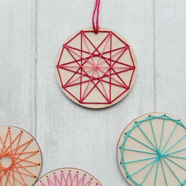 Embroidered Dream Wheel, Geometric Star, Wooden Easter Decoration, String Art 