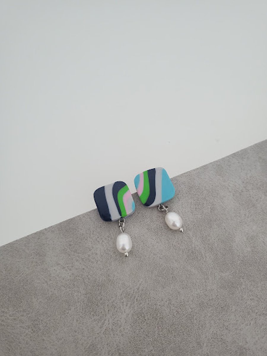 Handmade Polymer Clay Earring with Pearl - Azure Wave Pearl Drops