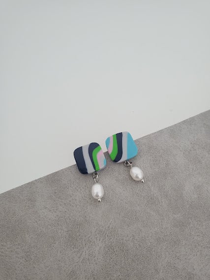 Handmade Polymer Clay Earring with Pearl - Azure Wave Pearl Drops