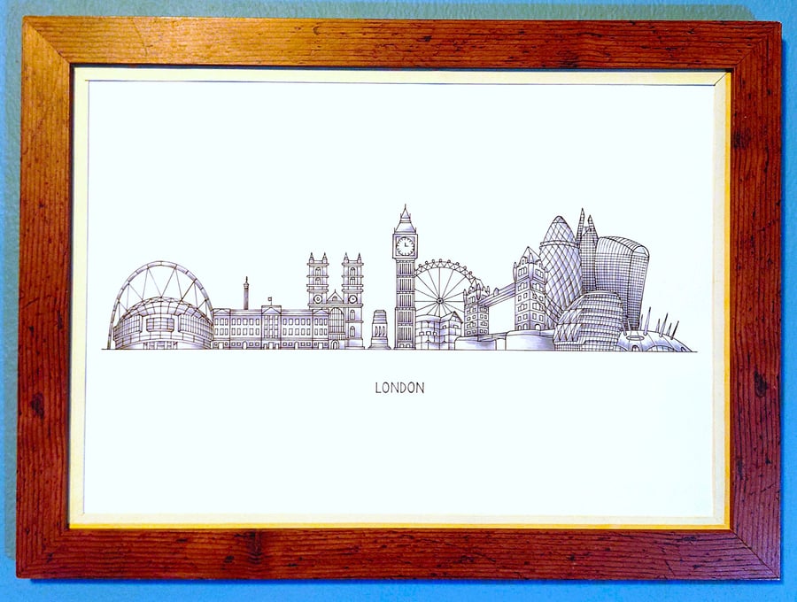 London Cityscape Handmade Unique Framed A3 Print Vanilla Border Wallart Gift