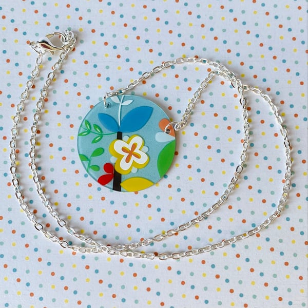 Recycled plastic multicoloured summer floral circle pendant necklace