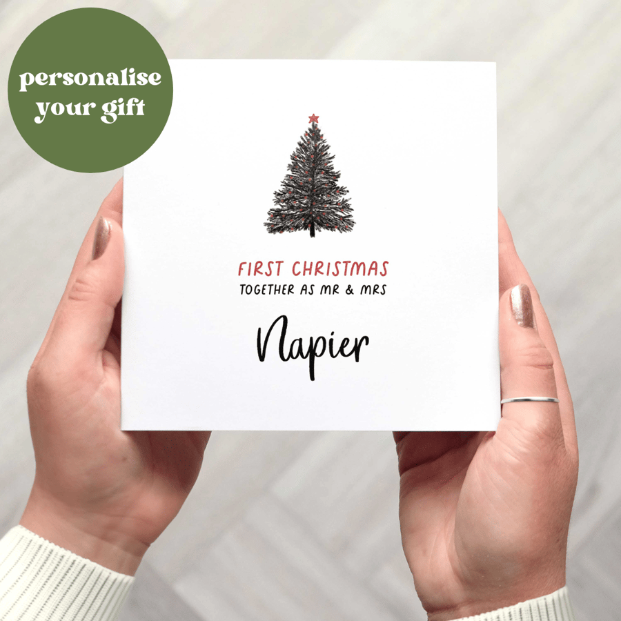 Personalised First Christmas Married Card, a custom Christmas card for newlyweds
