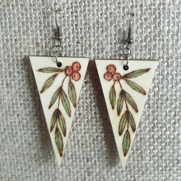 Pyrography wooden triangular rowan earrings