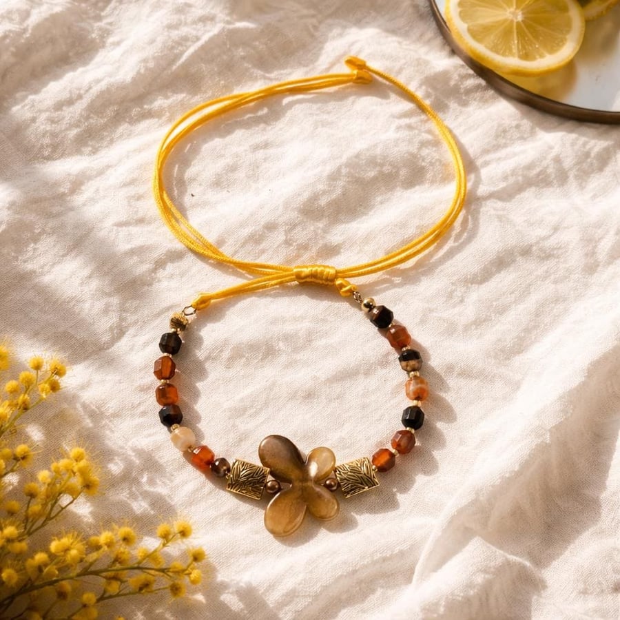 Banded Agate and Butterfly Bracelet Adjustable Yellow Cord Boho Handmade 