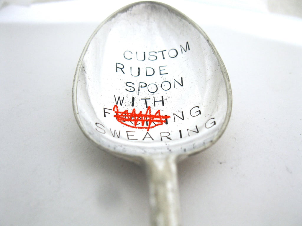 Personalised Rude Dessertspoon, Handstamped Sweary Adult Vintage Spoon
