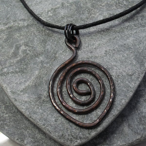 Spiral Oxidised Copper Pendant Waxed Cotton Cord and Sterling Silver Vintage