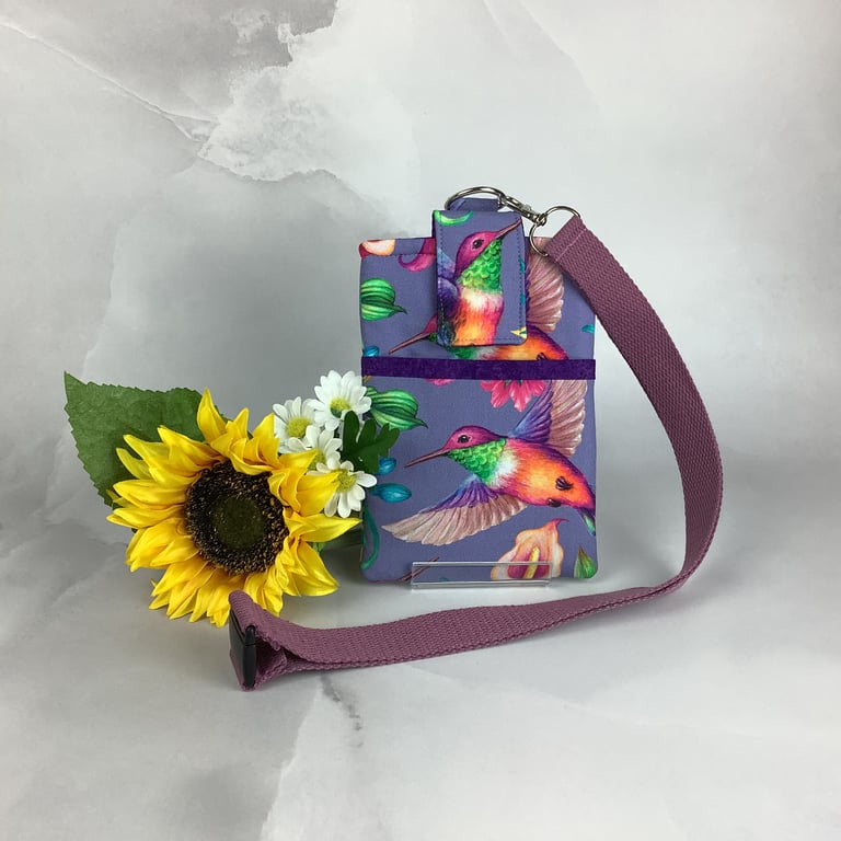 Hummingbird neck bag, Birds phone cover, Travel case, Detachable lanyard