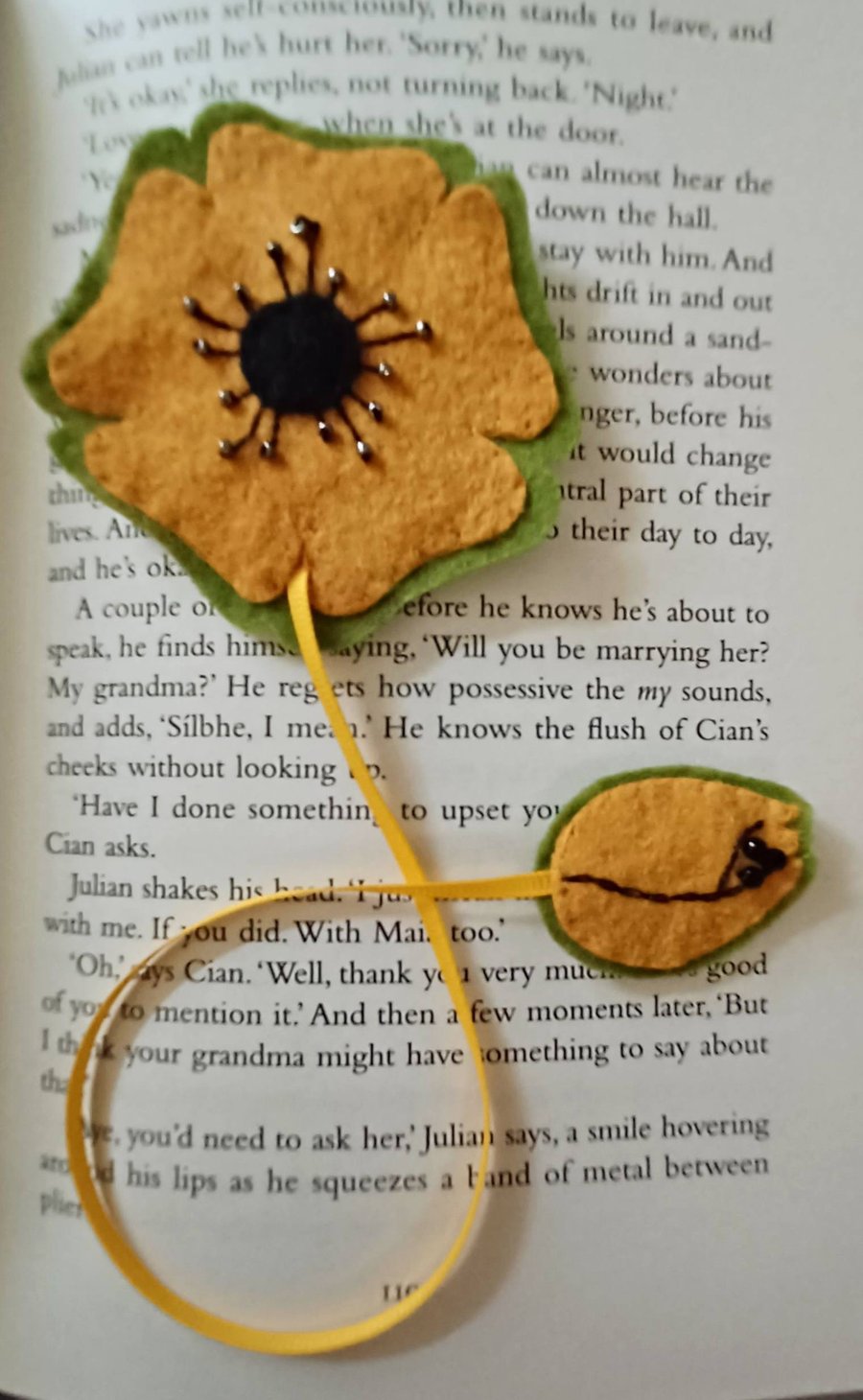 Hand Sewn Mustard and Green Felt Poppy Bookmark