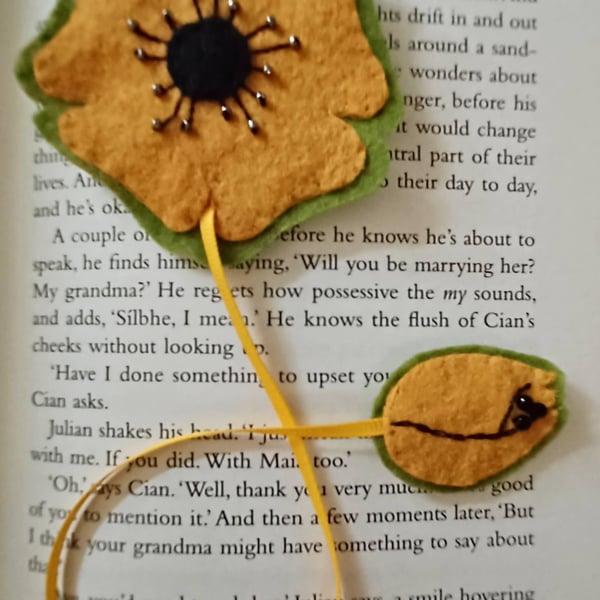 Hand Sewn Mustard and Green Felt Poppy Bookmark