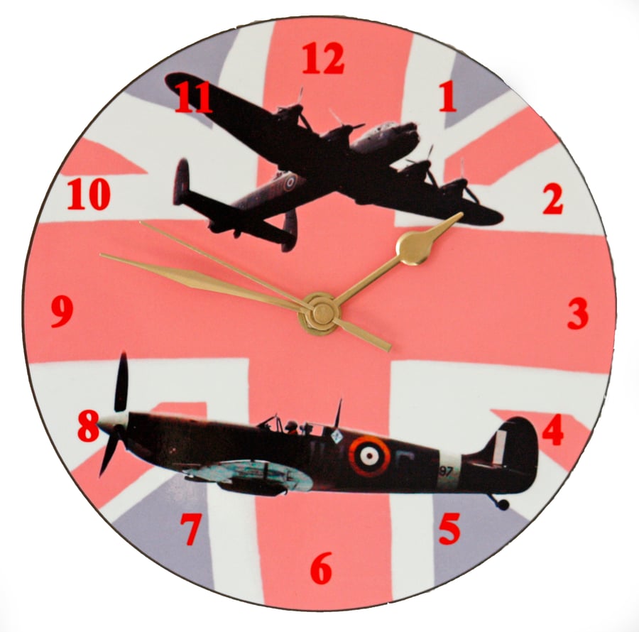 Spitfire and Lancaster Wall Clock 19cm diameter from original photographs