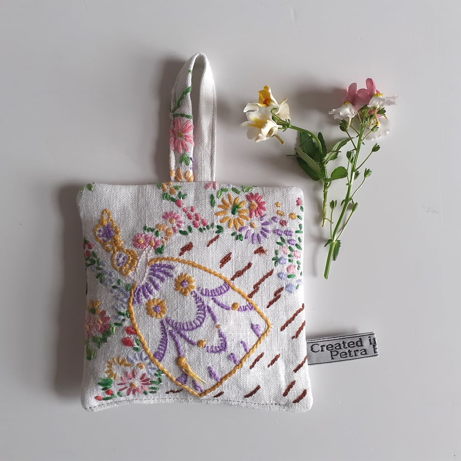 Lavender bag upcycled from a vintage embroidered crinoline lady 