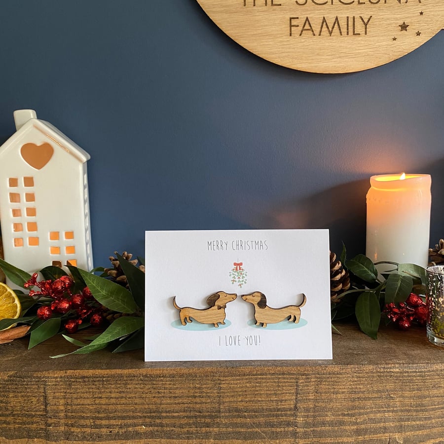 Dachshund Christmas Card Sausage Dog Card Wooden Card Girlfriend Christmas Card 